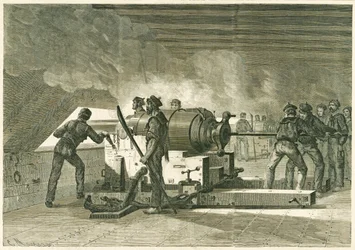 Innenansicht der Batterie des Merrimac, während des Kampfes mit dem Monitor, veröffentlicht 1862-1865